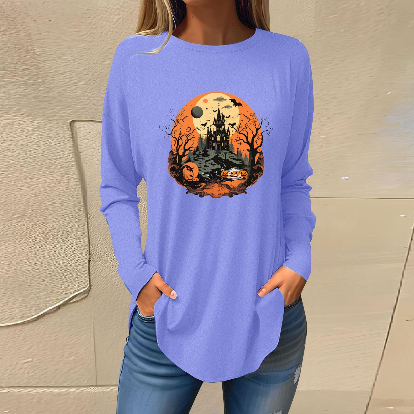 

Tee Shirts For Women Fall Casual Long Sleeve Shirts Sweatshirt Retro Printing Top Pullover M синий