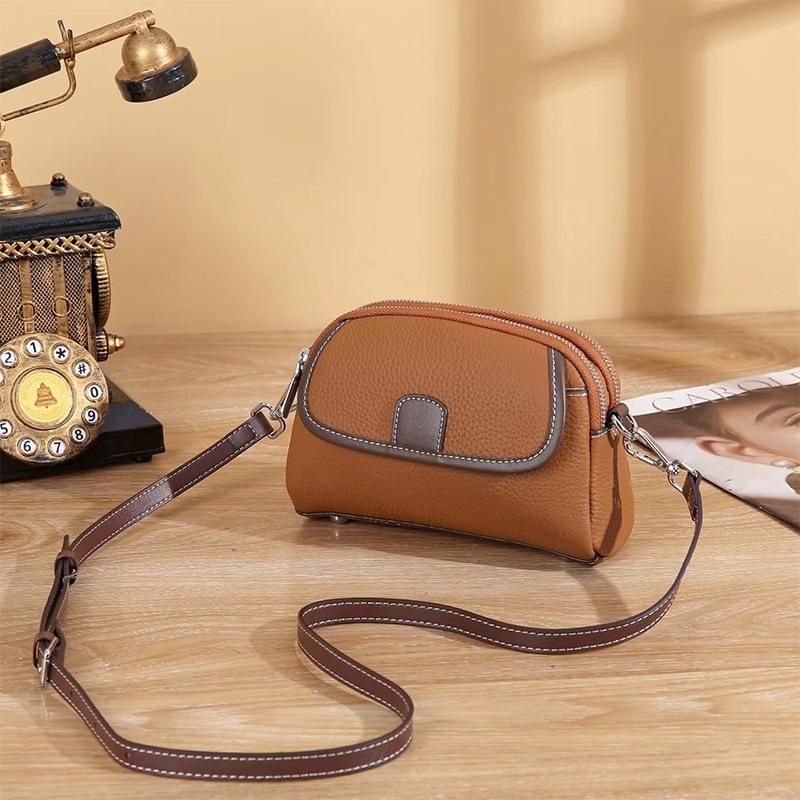 Top Layer Cowhide Double Zipper Large Capacity Crossbody Small Bag Phone Bag Women Versatile 2025 New Genuine Leather Casual Shoulder Bag