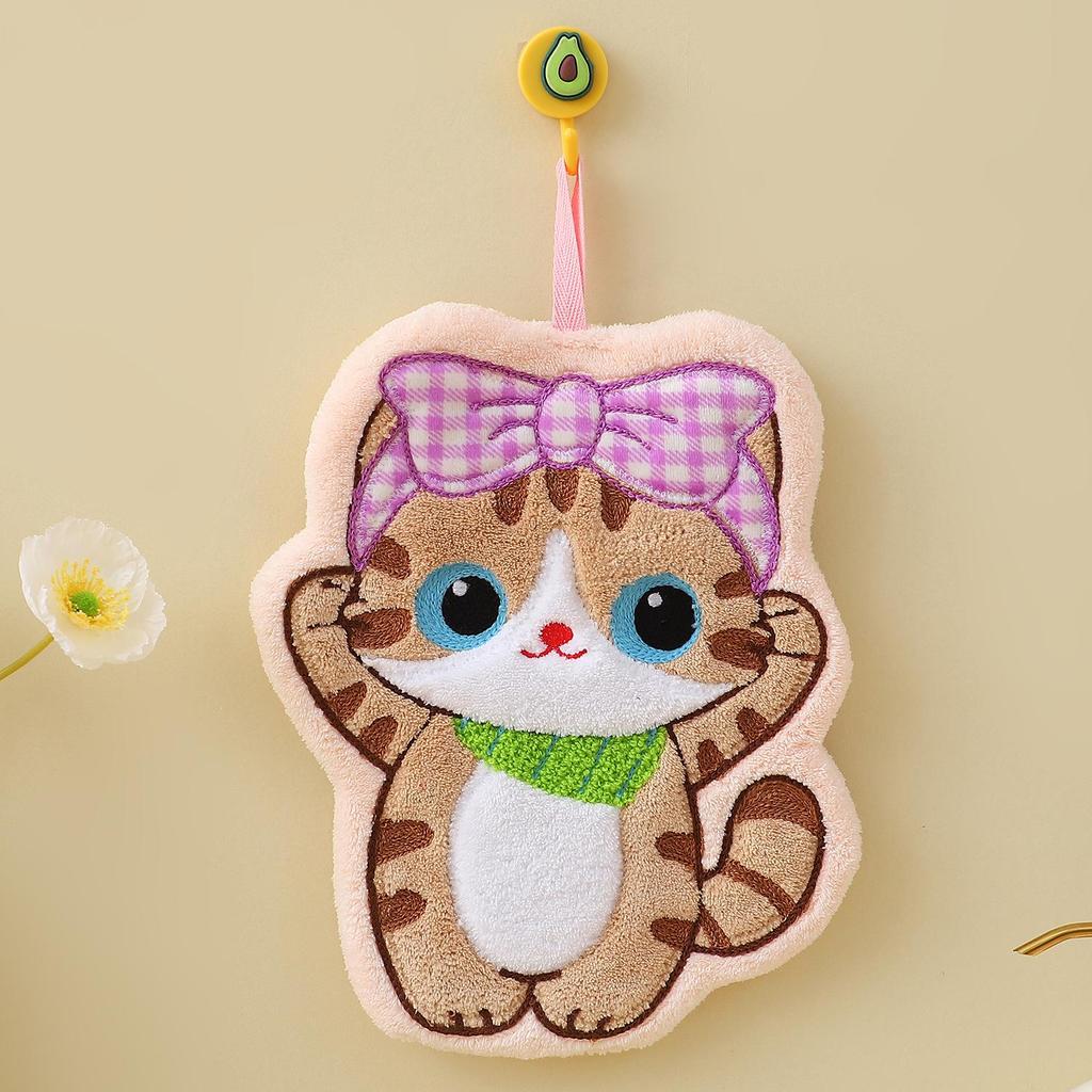 Cute Cat Coral Fleece Hand Towel - Hangable, Thick, Odorless, Absorbent, Quick-Drying Cloth for Kitchen & Bathroom.