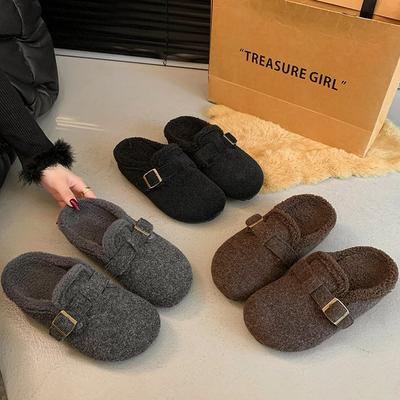 Thick-Soled Bag Head Slippers Women'S Autumn And Winter New Versatile Warm Wool Cotton Shoes Gray Birkenstock Slippers Women