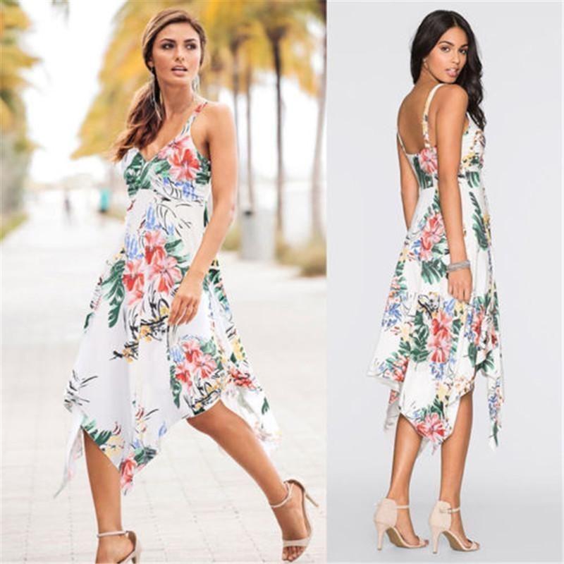 Fashion Summer Womens Sleeveless Vneck Dress With Irregular Printing And Strap Details