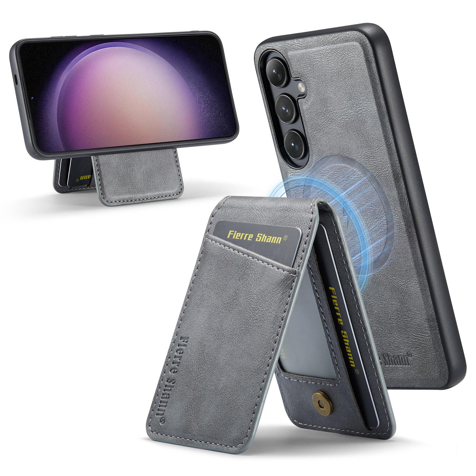 

025 Style For Samsung Galaxy S23 FE Case Card Bag PU+TPU Phone Cover with Kickstand Grey