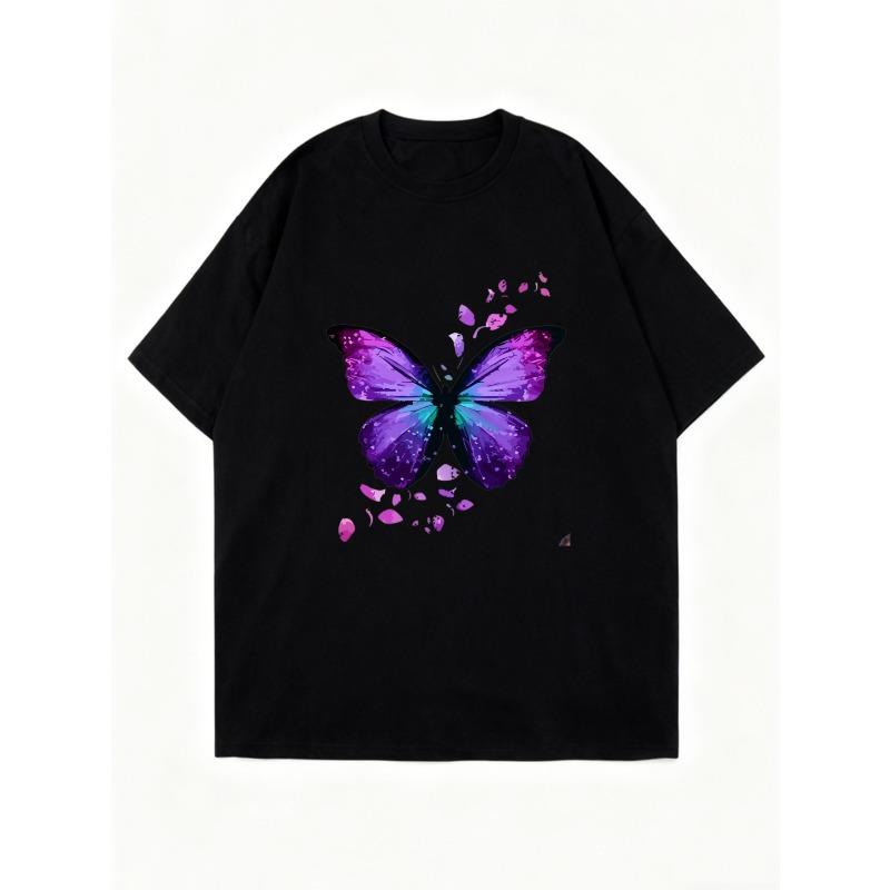 Black Oversized T Shirt With Purple Butterfly Print For Casual Wear