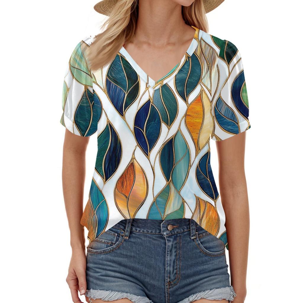 Dámská móda Květinový potisk Top Krátký balónkový rukáv Výstřih do V Volné ležérní tričko