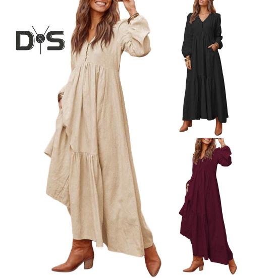 Kvinners uformelle maxikjole V-hals Løs A-linje plissert kjole Langermet retro bomull linkjole for jobb gateferie