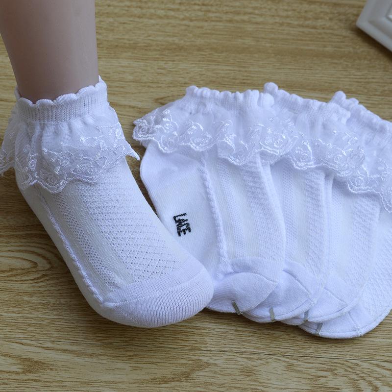 Girls' Spring & Autumn Cotton Lace Princess Socks - Japanese Style Short White Dance Socks for Kids