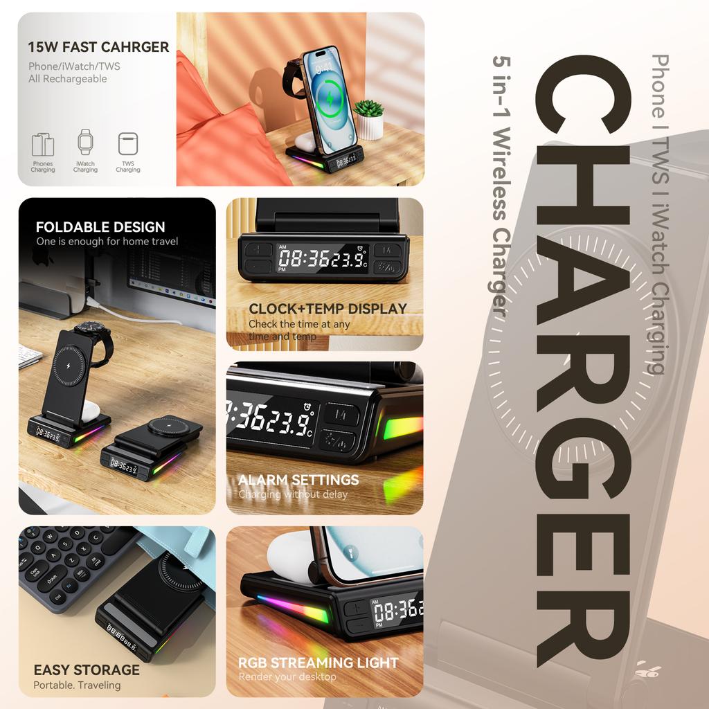 Accesorios Innovadores Para Celulares RGB Light Foldable With Clock Temperature Display 5 In1 Wireless Charger for Iphone 16 Pro