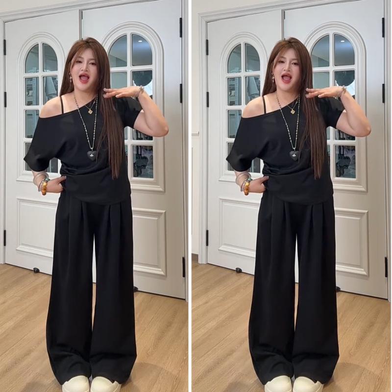 Women's Korean-Style Casual Summer Suit: One-Shoulder Top & Long Pants