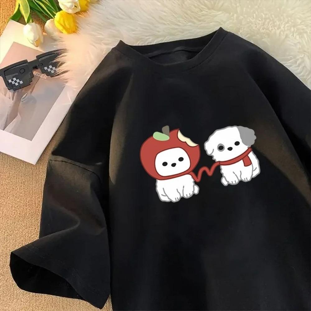 Korean Kawaii Apple Dog Graphic Printed T-shirt Shortsleeve Roundneck INS Cute Streetwear Women Clothing