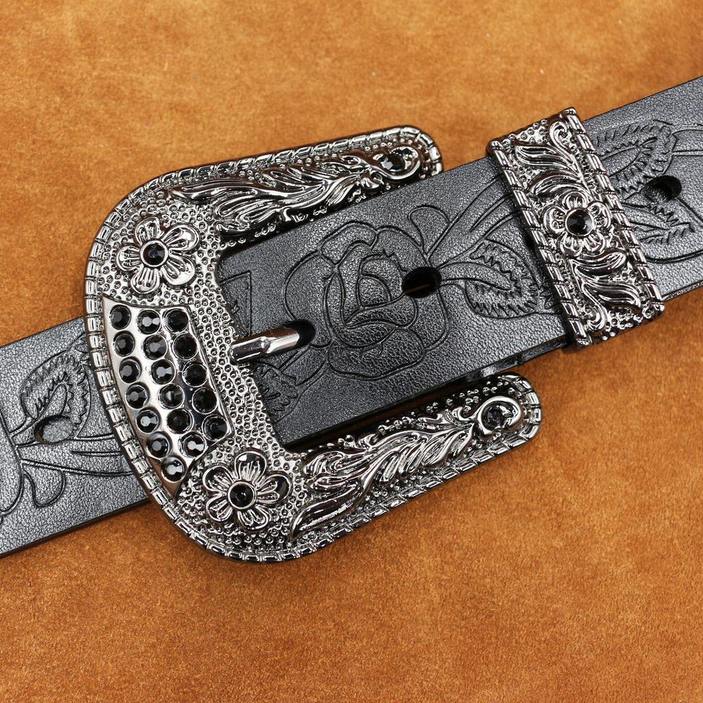 Men's Retro Genuine Leather Embossed Belt with Copper Pin Buckle for Business Casual or Jeans