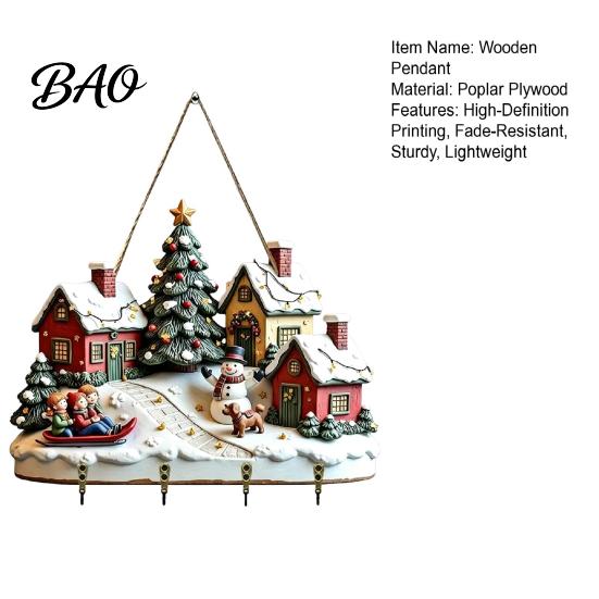 Christmas Gift for Home Winter Village Wooden Wall Hanging, Snow House Snowman Plaque, 4 Hook Lightweight Ornament Mount Key Holder, Holiday