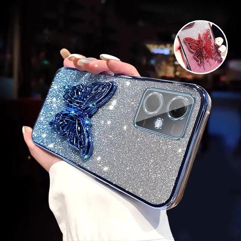 3D Butterfly Phone Holder Crystal Bracelet Glitter Plating Case for Xiaomi POCO X5 Pro 5G Back Cover