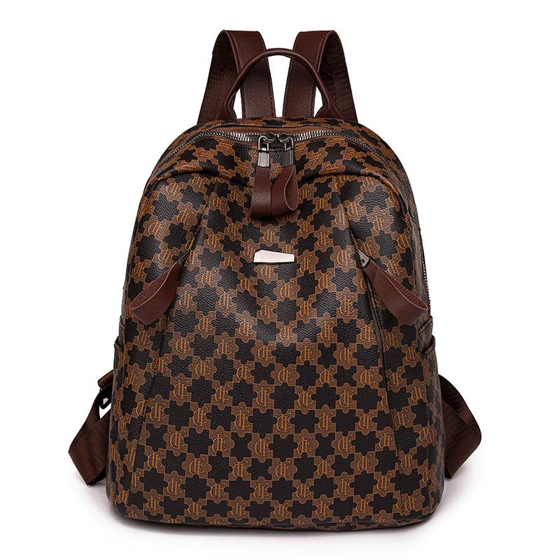 

Жіночий шкіряний рюкзак, дорожня сумка великої місткості в клітку кавовий