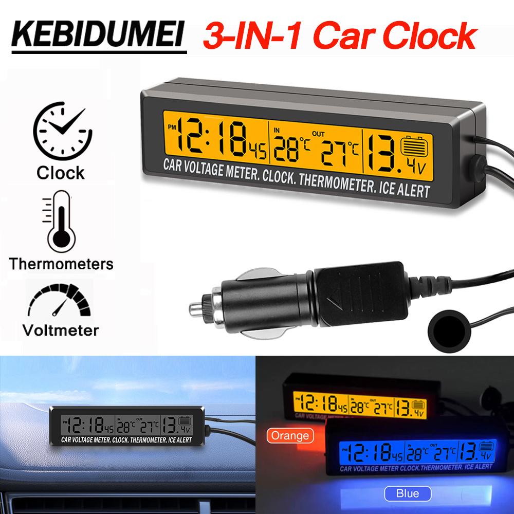 12-24V Car 3 In 1 Digital Inner & Outer Thermometer Display Car Battery Voltmeter & LCD Clock with Temperature Sensor Backlight
