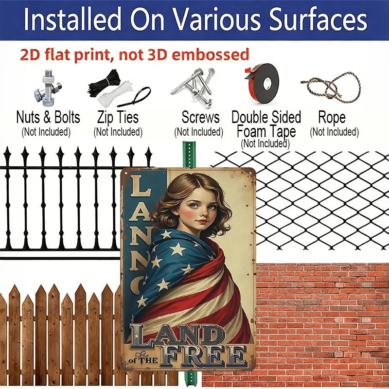 2D Flat, Vintage Patriotic Metal Sign Wall Art - 8x12 Inch Rustic American Flag Design with "Land of The Free" Text, Durable Aluminium Indoor/Outdoor