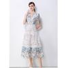 Summer Floral Print Long Dress V Neck Lantern Sleeves Embroidery Design Hollow Out Chic A Line Beachwear Female Dress