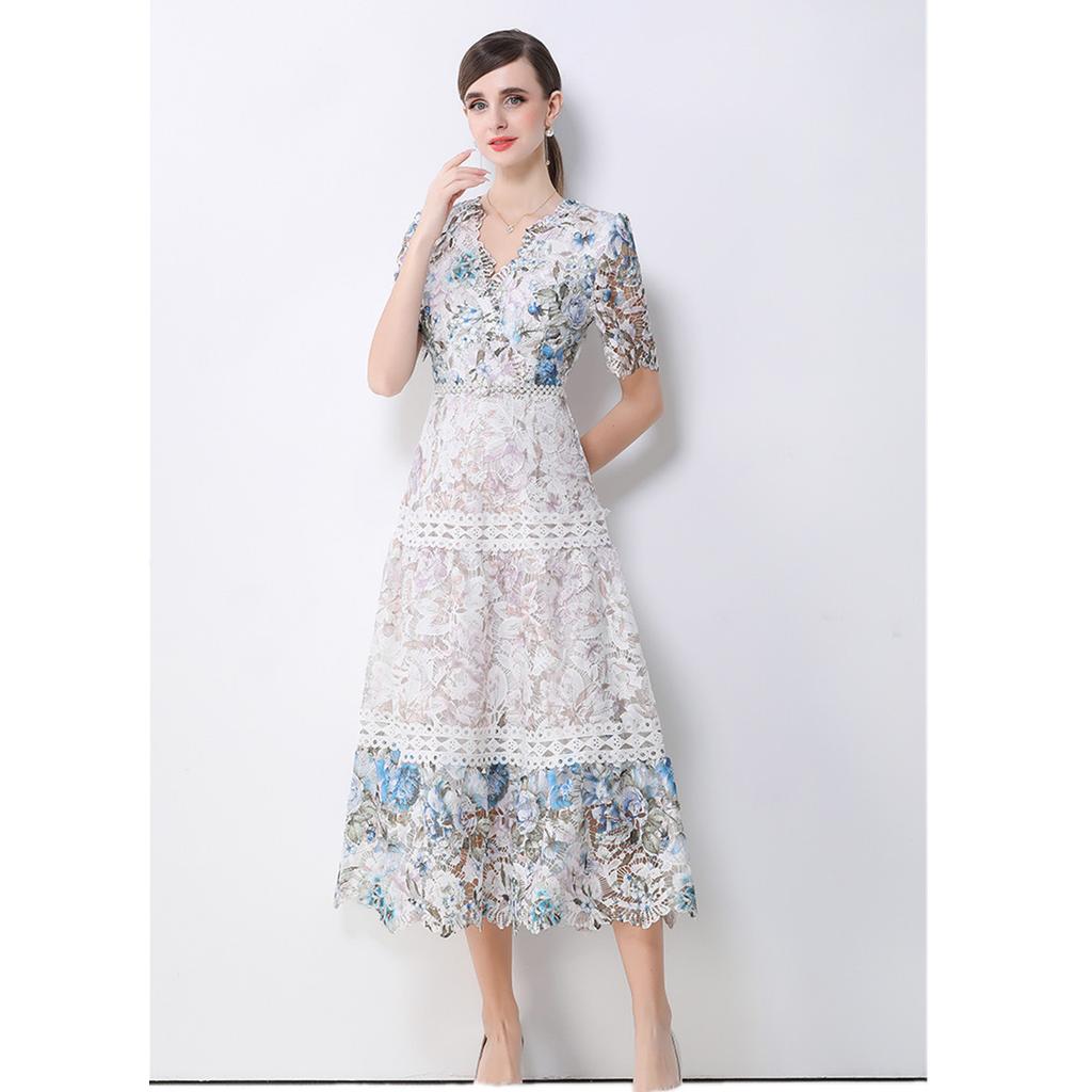 Summer Floral Print Long Dress V Neck Lantern Sleeves Embroidery Design Hollow Out Chic A Line Beachwear Female Dress