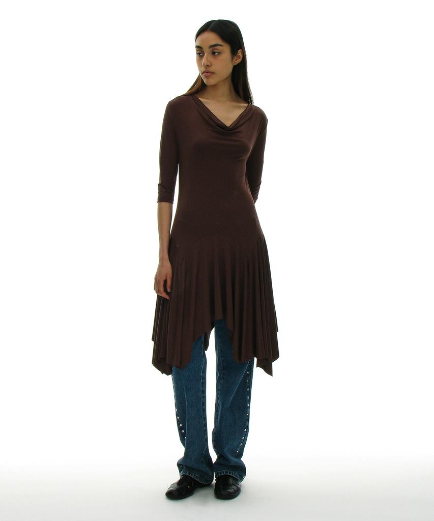 Partimento Woman Cowl Neck Asymmetrical Jersey Dress_Brown