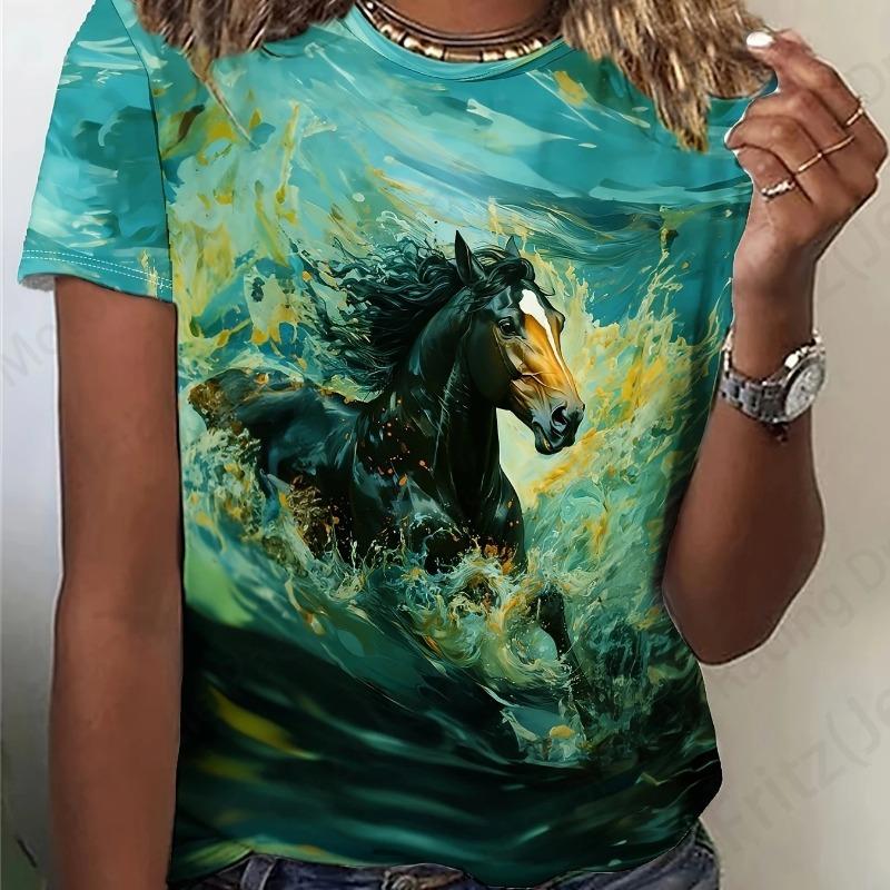 Women T-shirt 3d Horse Print Tshirt Women Fashion Crew Neck Short Sleeve T-shirt Animal Graphic T Shirt Ladies Tops Tees