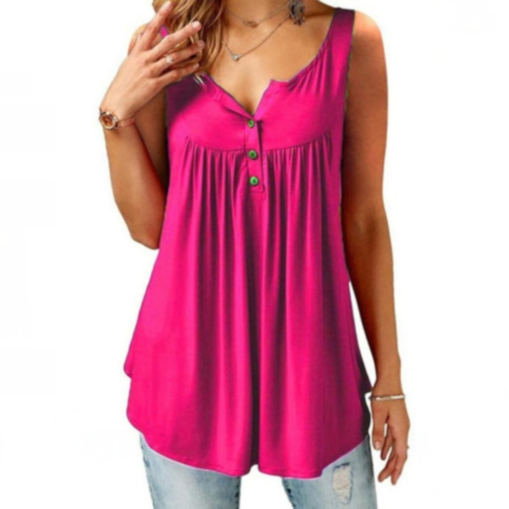 Tunica da donna con scollo a V senza maniche, con bottoni, plissettata, tinta unita, casual
