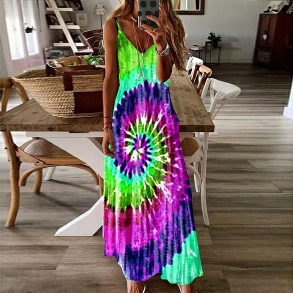 Dámské maxi šaty s volným výstřihem do V s jednoduchým potiskem v barvě kravaty dlouhé šaty