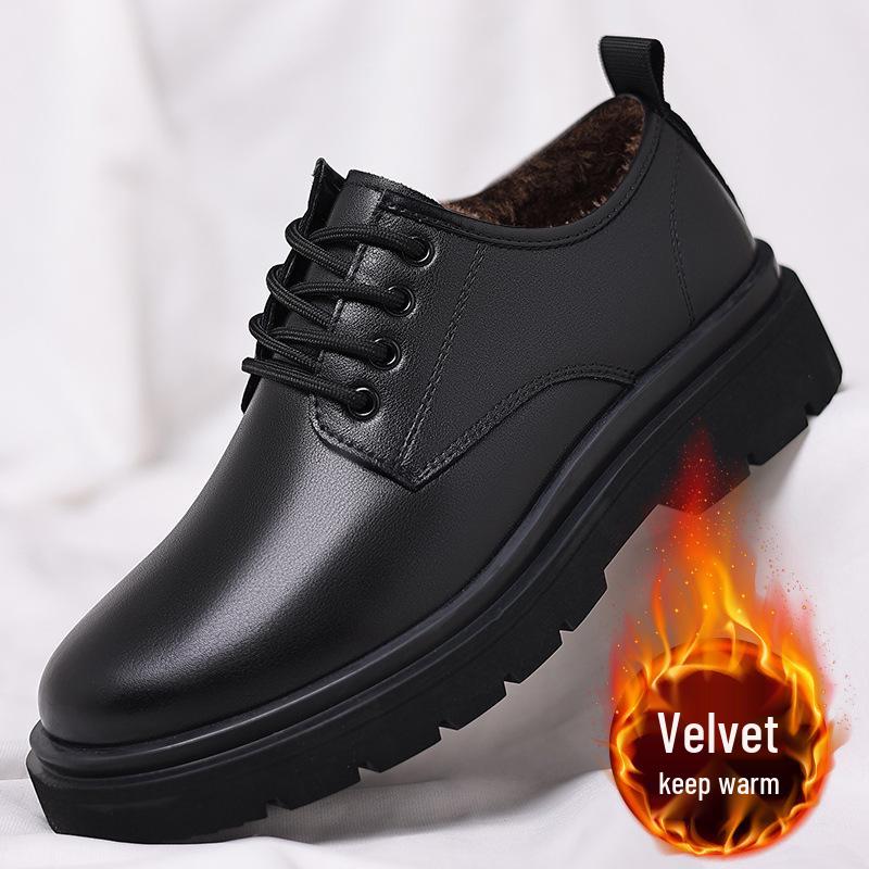 Men's Black Leather Derby Shoes, Casual Spring Style with Thick Soles, Low-Top Formal Wedding Martin Boots.