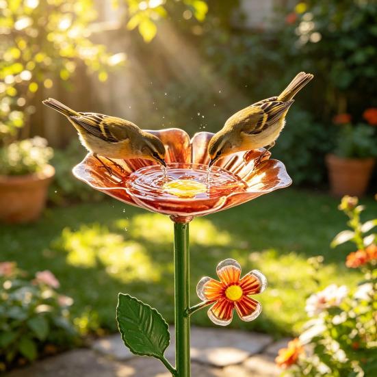 Metal Flower Garden Stake Bee Watering Station Outdoor Bird Bath Butterfly Water Feeder with Stake for Garden Pollinators Birds Yard Patio Decor