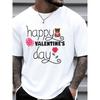 European Sizes Men's Plus Size Valentine's Day T-Shirt - White Short Sleeve Crew Neck Casual Tee with Pink Heart & Balloon Bear Print