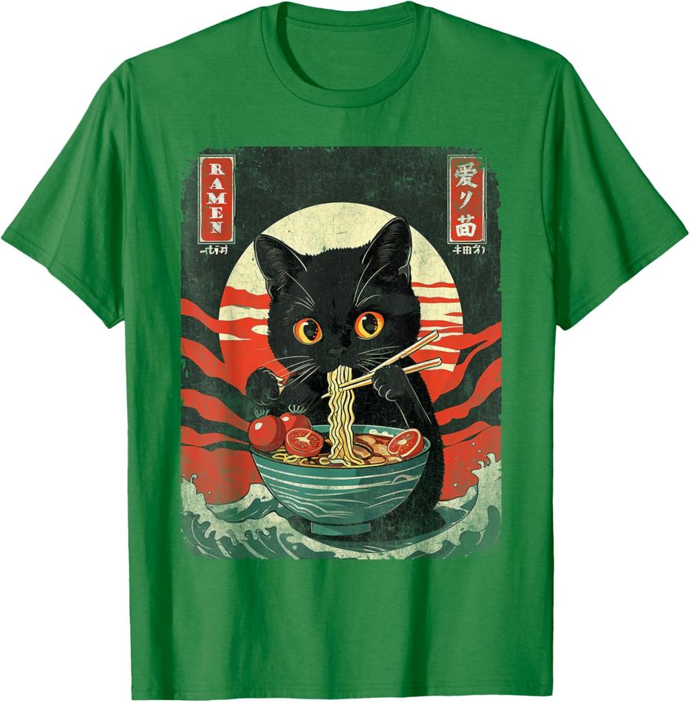 Black Cat Eating Ramen Japanese Style Graphic Tee Men Casual Short Sleeve T-Shirt