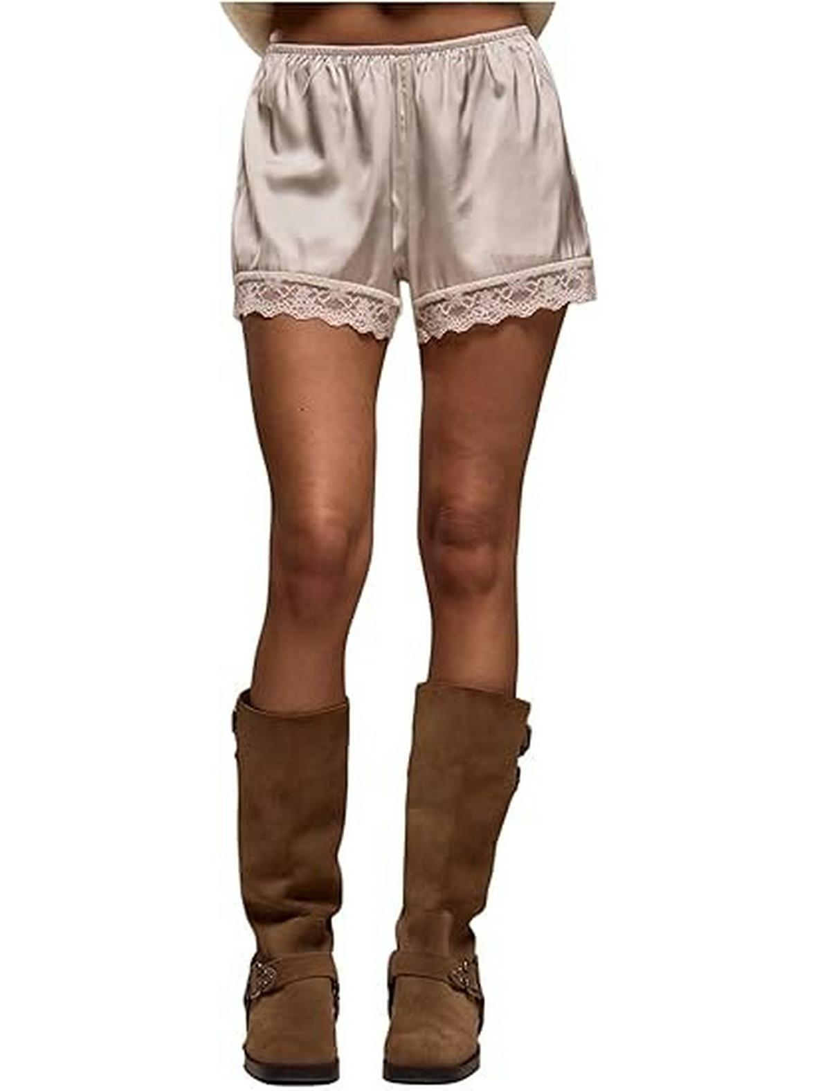 

2025 European and American-Style Satin Shorts: Women s Elastic Waist Casual Lace-Trim Pajama Pants. 2XL