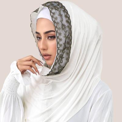 Premium Lace Jersey Hijab Scarf For Women Muslim Embroidered Flowers Hijabs Long Shawl Wraps Headband Scarves Muffler 170*60Cm