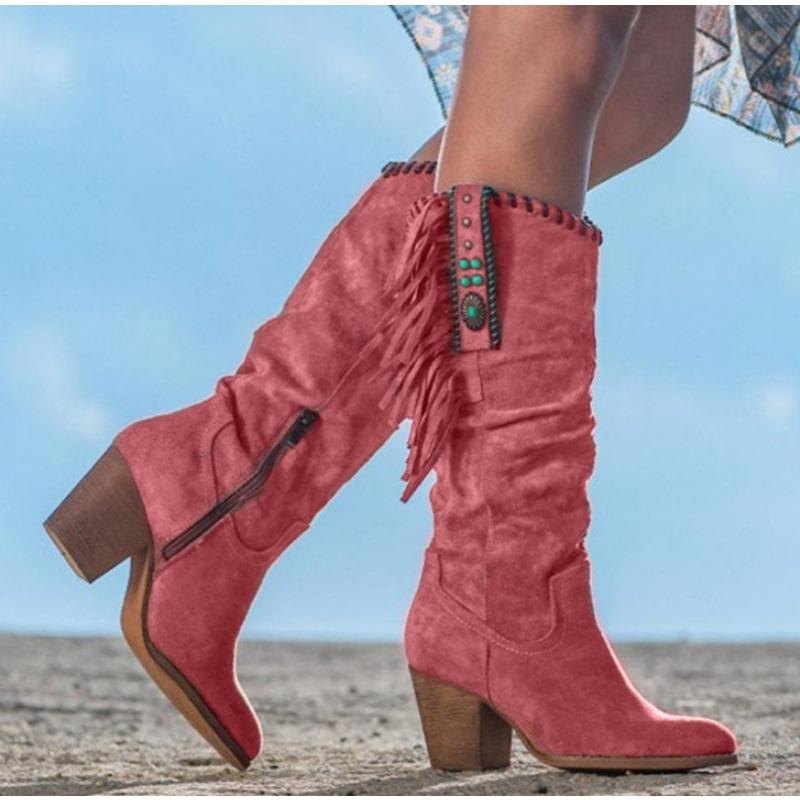 

Fashion Women High Boots Trend Retro Metal Buckle Pointed Toe Thick Heel Tassle Western Cowboy Boots Female Shoes Botas De Mujer 43