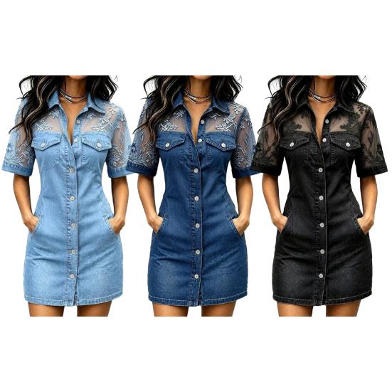 Damen Sexy Durchsichtiges Netz Patchwork Mini Jeanskleid, Kurzarm Knopfleiste Bodycon Kleid, Sexy Party Club Jeanskleid