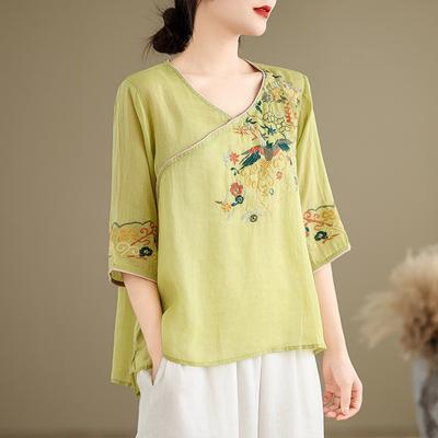 Retro Embroidered Shirt Women's 2025 Summer New Loose V-neck Five-quarter Sleeve Breathable Cotton and Linen Top