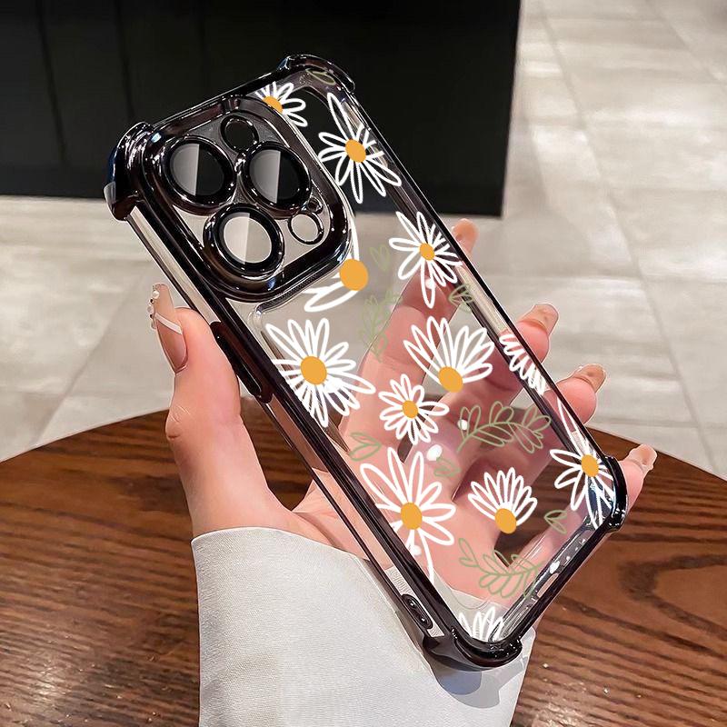Flower Floral Print Electroplated Phone Casing For iPhone 17 11 13 14 16 15 Pro Max 14 Plus 12 Mini 17 Air 16E Fashion Soft Case