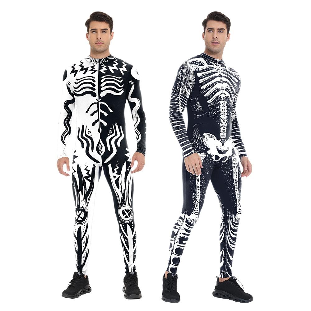 Black and White Clown Human Muscle Skull Skeleton Halloween Cosplay Costume Adults Men Party Body Digital Print Tights Onesie