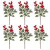 6Pcs Artificial Plants with Holly Berries Pine Cones Faux Greenery Branch Fake Red Berries Green Plants Stems Christmas Holiday Party Decoration
