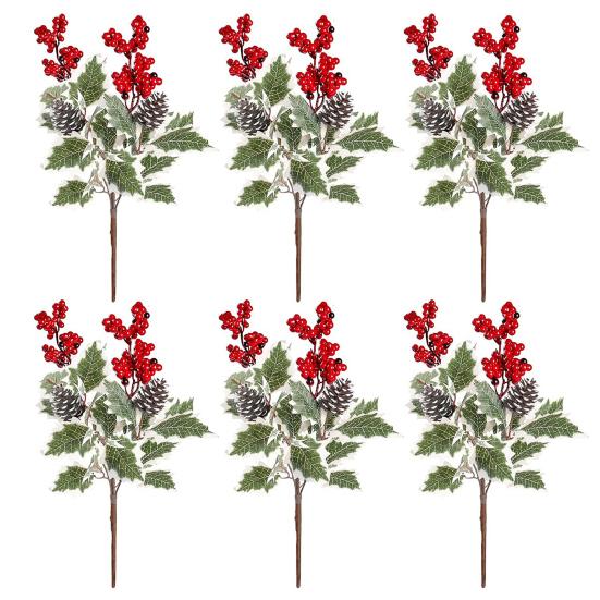 6Pcs Artificial Plants with Holly Berries Pine Cones Faux Greenery Branch Fake Red Berries Green Plants Stems Christmas Holiday Party Decoration