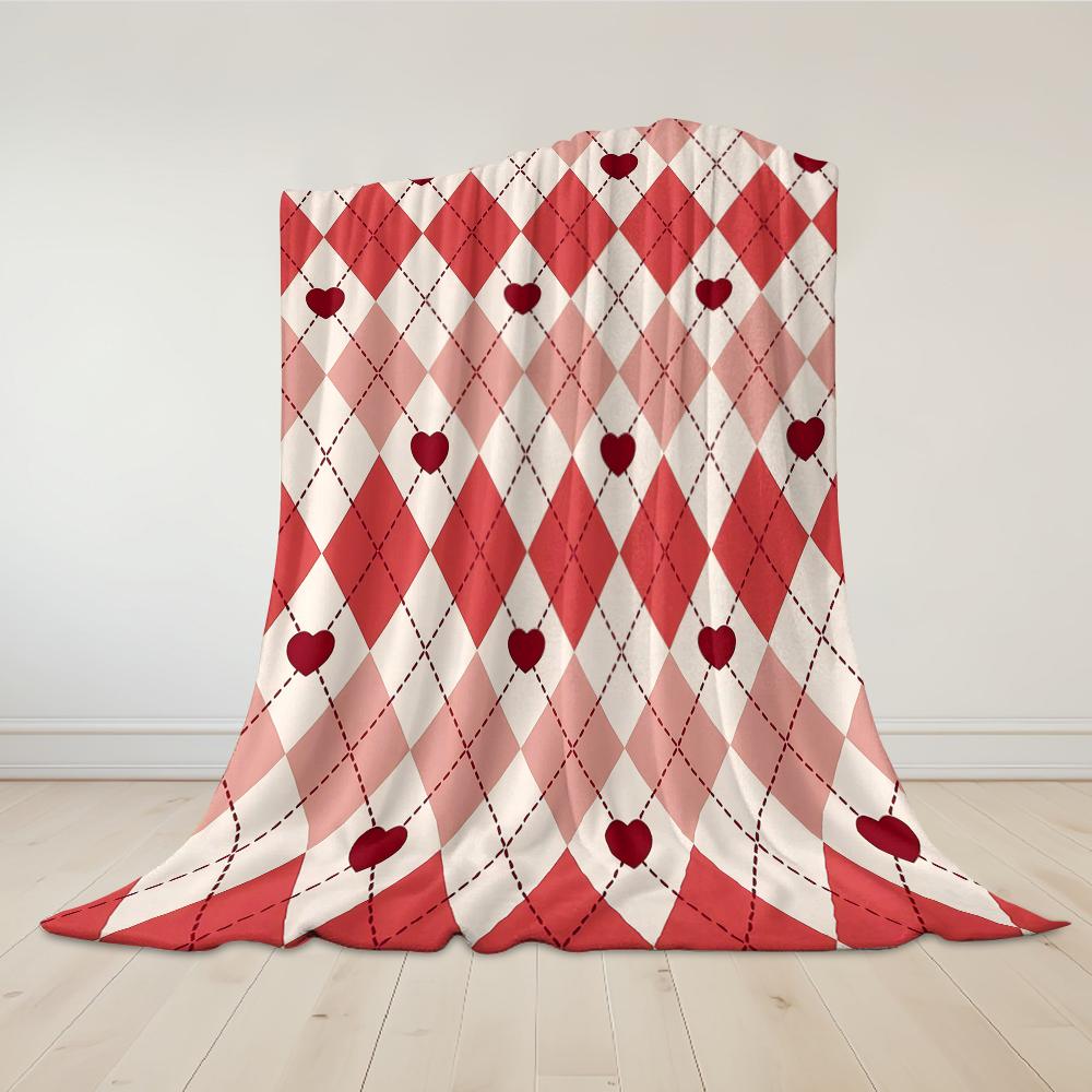 Burgundy Heart Argyle Flannel Blanket Warm Soft Halloween Christmas Couch Warm Cozy Decorative Decor Gift for All Season
