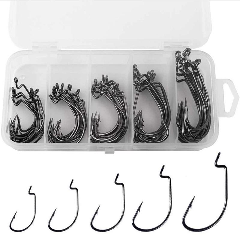 Small Five Grid Box Set Of 51 Crank Hooks, Black Nickel Fishing Hooks, Fishing Gear, Bait, And Hooks
