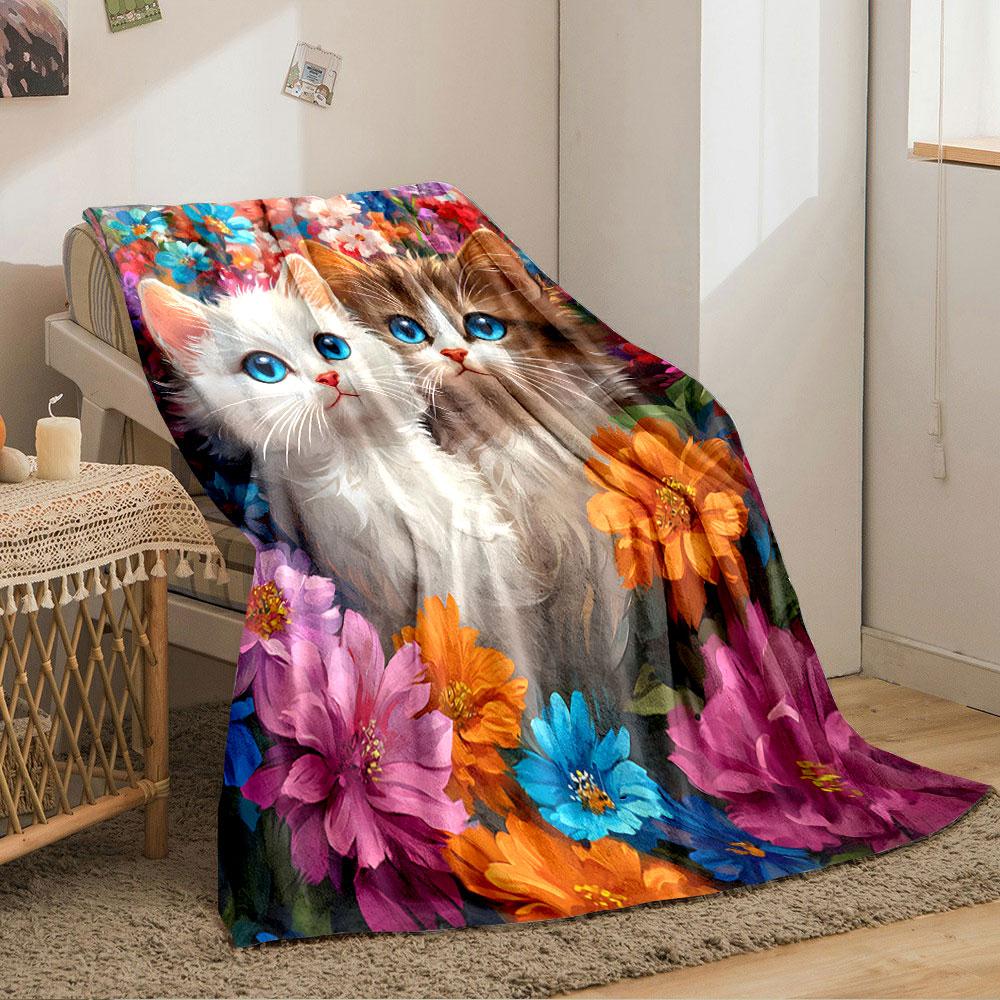 Two Cute Kittens in Flowers for all seasons blanket lunch break throw gift