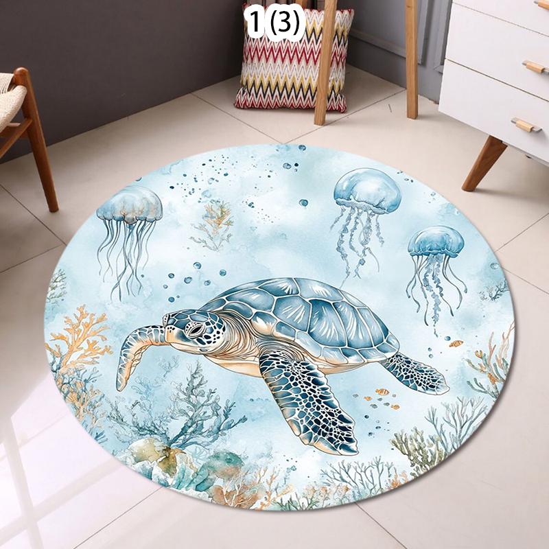 Vibrant Underwater World Rug Round Ocean Carpet with Turtle Seahorse Fishes Colorful Marine Life Mat for Kids Room Beach Decor