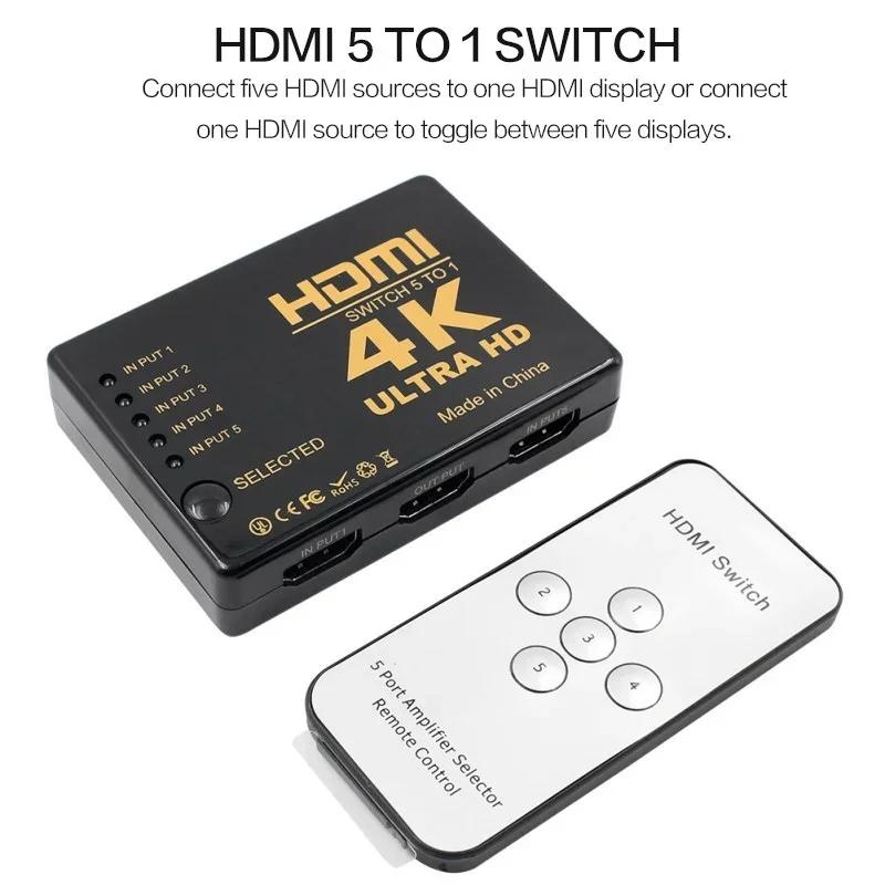 5 In 1 Out HDMI Switcher 4K Ultra HD 1080p Full HD 3D Auto Switch Box Audio Video Adapter for TV PC Laptop Streaming Devices