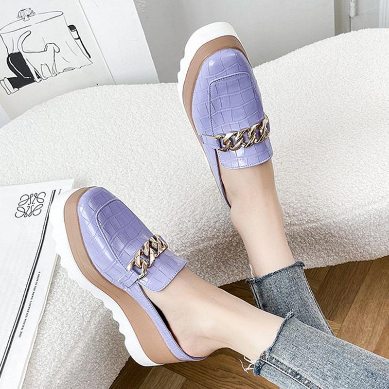 Women's Platform Mules Thick Soles Wedges Heel Fashion Slippers Casual British Leather Shoes 7cm High Heels Clogs Flatform Shoes
