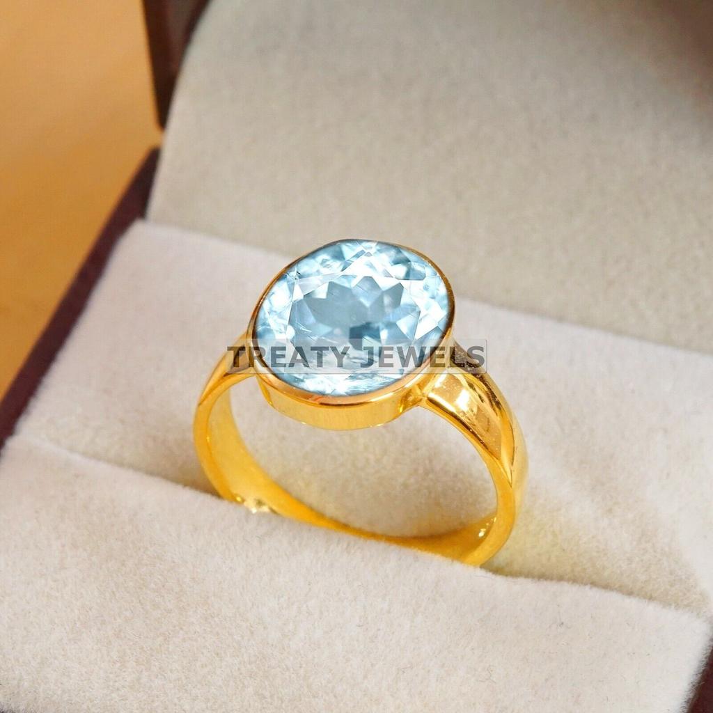 Aquamarine Oval Cut With 925 Sterling Silver Gold Plated Ring For Men's #A728 JL375659006675