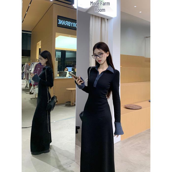 Women's Spring Collection: Black Slimming Ruffle Long Dress with Turn-Down Collar and Waist-Cinching Design