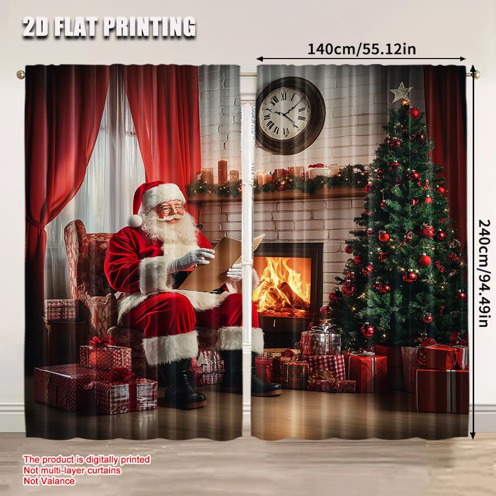 2Pcs Santa Curtains Old Santa Claus Sitting At Home At Christmas Night Reading A Letter Near The Tree Living Room Bedroom Window