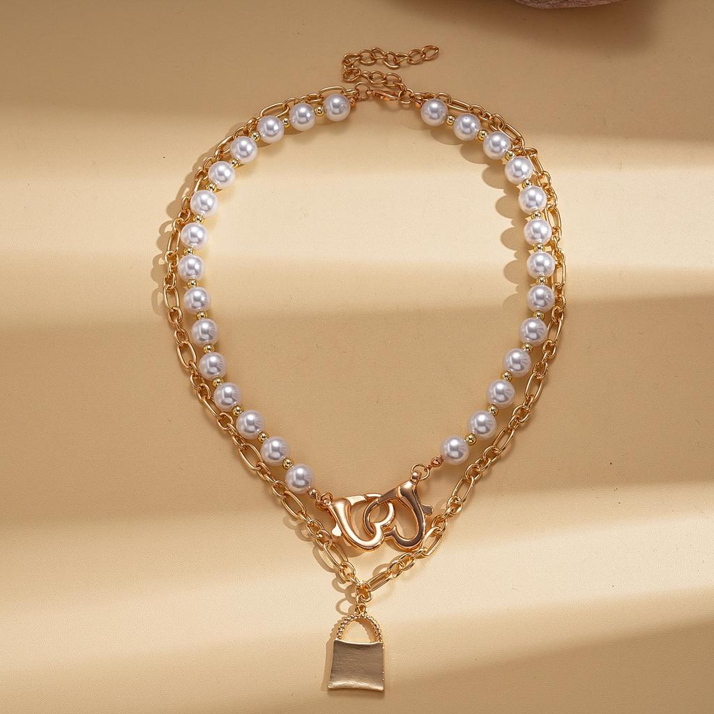 Imitation Pearl Beaded Love Bag Double Pendant Sweater Chain Personalized Necklace