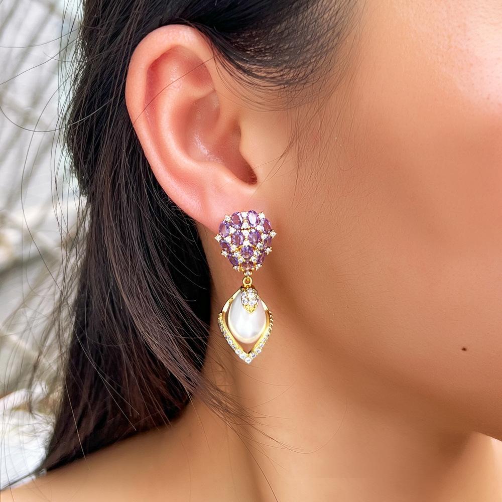 French Light Luxury Court Style Violet Full Diamond Shell Pearl Earrings Brass Gold-Plated Zircon Earrings Earrings