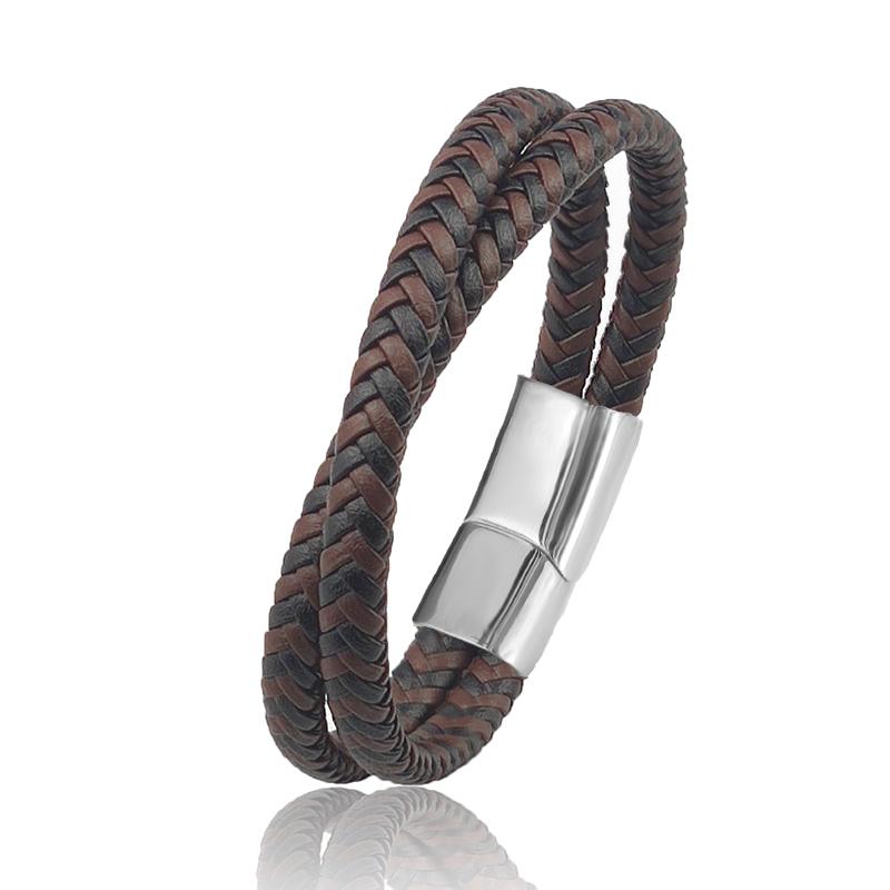 Titanium Steel Bracelet Double Layer Brown Black Leather Braided Rope Man High Quality Stainless Steel Magnetic For Women Gift